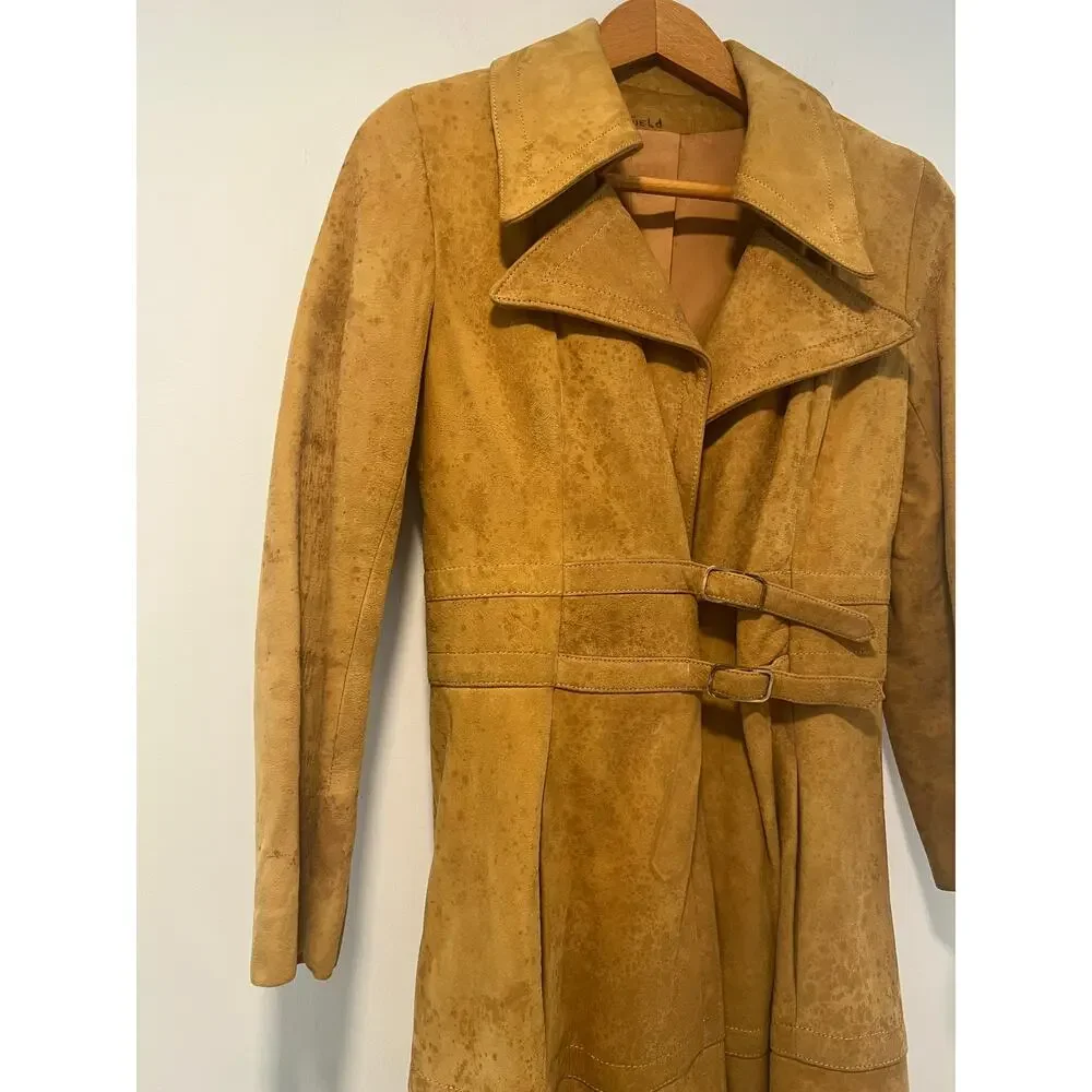 1970s RARE Vintage Leather Patchwork Trench Coat Removable Bottom Small JL - Picture 6 of 16